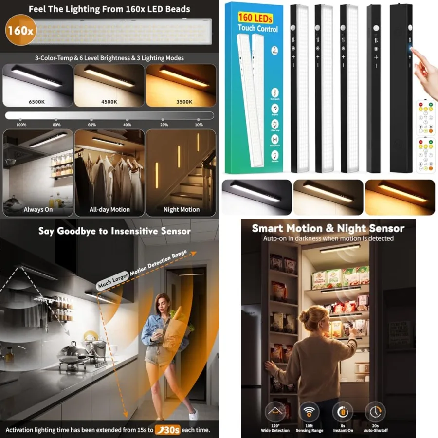 12inch Touch Control Under Cabinet Lighting, 160LED Super Bright, 4000mAh Long-Lasting, Magnetic Rechargeable Motion Sensor Und
12inch Touch Control Under Cabinet Lighting, 160LED Super Bright, 4000mAh Long-Lasting, Magnetic Rechargeable Motion Sensor Und