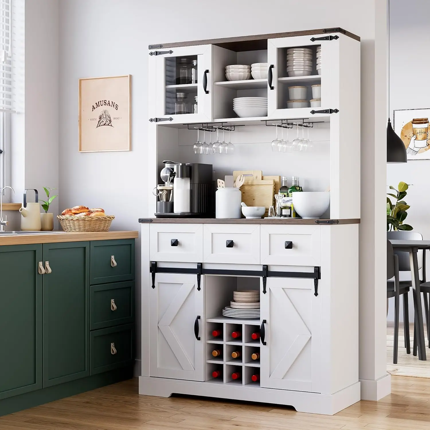 72"" Farmhouse Bar Cabinet With Sliding Barn Door, Tall Kitchen Buffet With Storage Hutch And 3 Drawer, Rustic Coffee Bar
72"" Farmhouse Bar Cabinet With Sliding Barn Door, Tall Kitchen Buffet With Storage Hutch And 3 Drawer, Rustic Coffee Bar