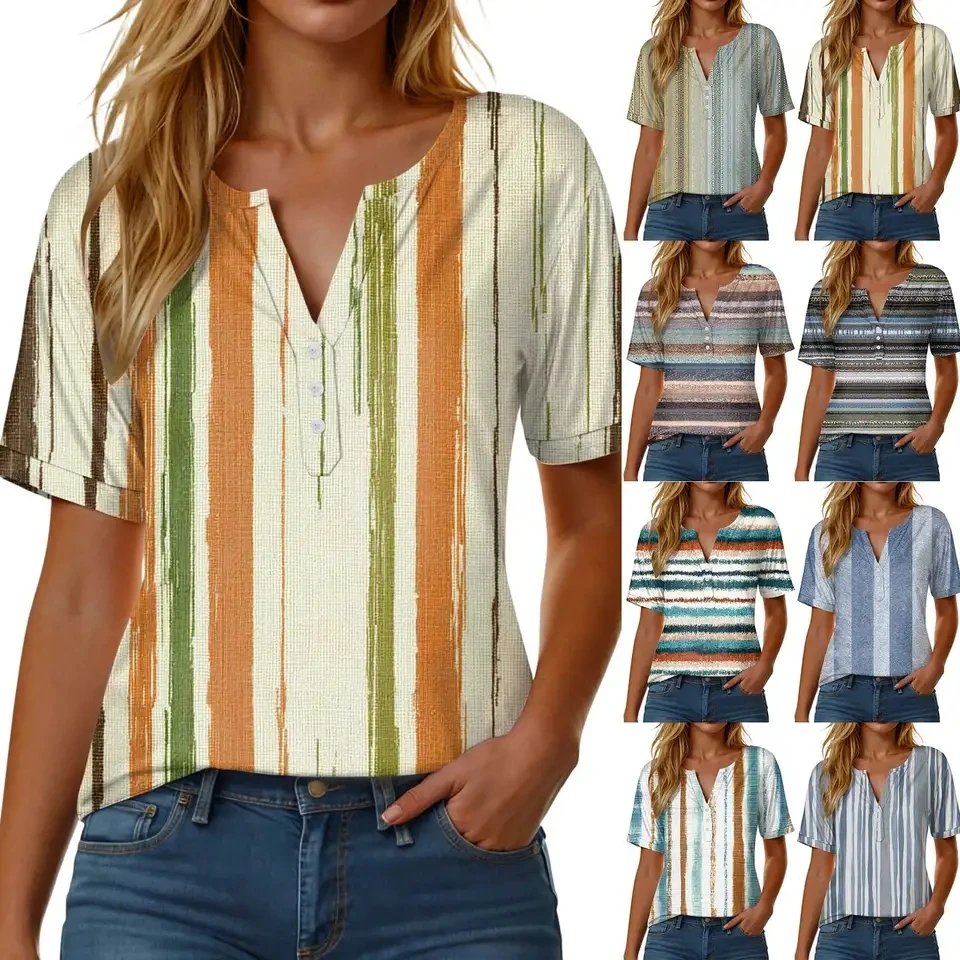 Womens Short Sleeve T-Shirts Trendy Printed Tee Shirt Ladies Buttons V Neck Tunic Tops 2026 New Summer Casual Daily Clothes
Womens Short Sleeve T-Shirts Trendy Printed Tee Shirt Ladies Buttons V Neck Tunic Tops 2026 New Summer Casual Daily Clothes