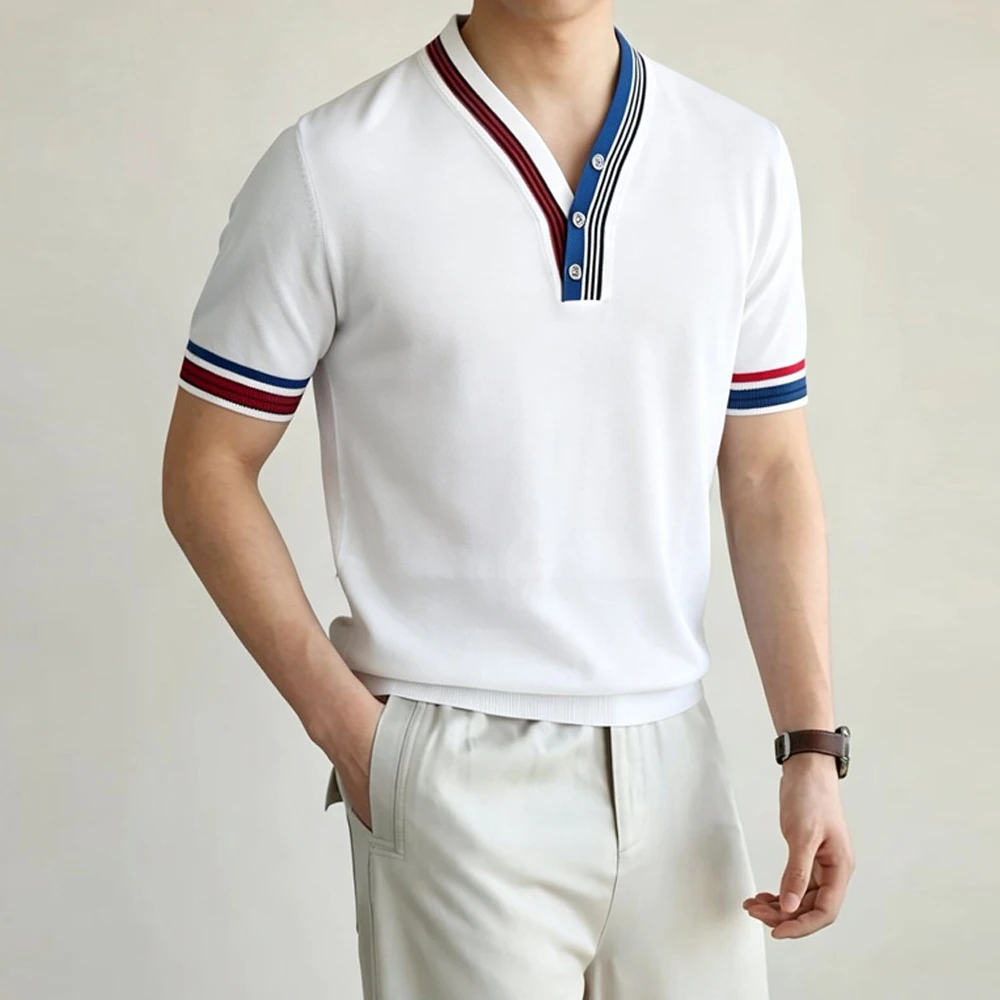 Luxury Short Sleeved Knitted Men's Polo Shirts Retro Contrasting Colors Striped V-Neck Man T-shirts Summer Fashion Mens Clothing
Luxury Short Sleeved Knitted Men's Polo Shirts Retro Contrasting Colors Striped V-Neck Man T-shirts Summer Fashion Mens Clothing