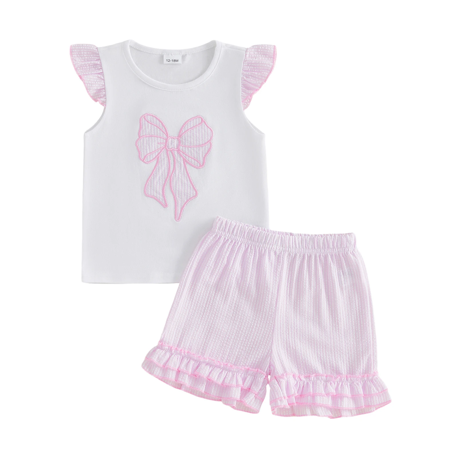 Adorable Infant Girl Outfit with Bow Detail T-shirt and Striped Ruffle Shorts - 2 Piece Summer Set for Toddlers
Adorable Infant Girl Outfit with Bow Detail T-shirt and Striped Ruffle Shorts - 2 Piece Summer Set for Toddlers