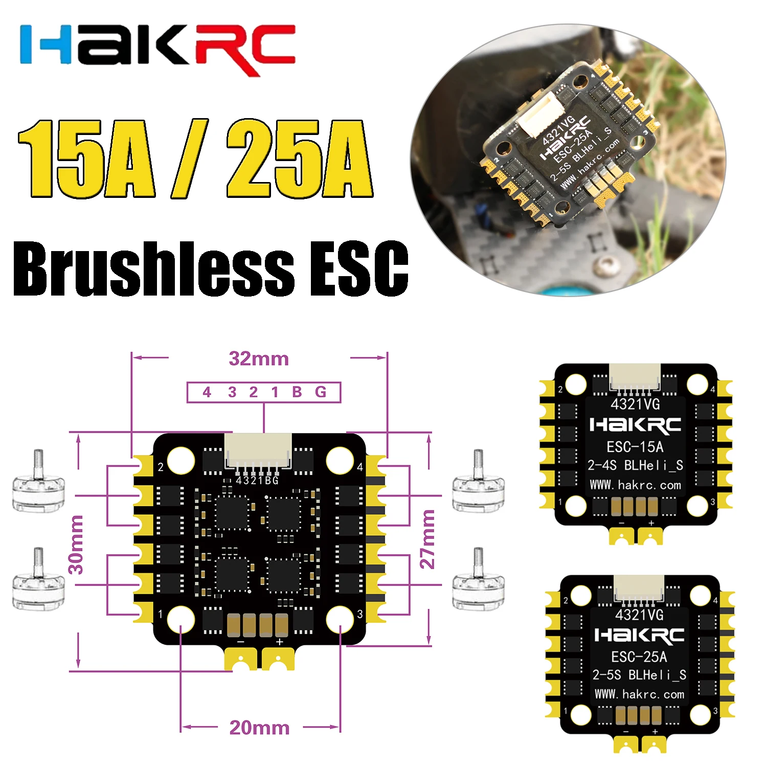 HAKRC 4-in-1 15A 25A BLHELI_S Mini Brushless ESC 2-5S Support Dshot600 Oneshot125 PWM 20x20mm for RC FPV Racing Drone DIY Part
HAKRC 4-in-1 15A 25A BLHELI_S Mini Brushless ESC 2-5S Support Dshot600 Oneshot125 PWM 20x20mm for RC FPV Racing Drone DIY Part
