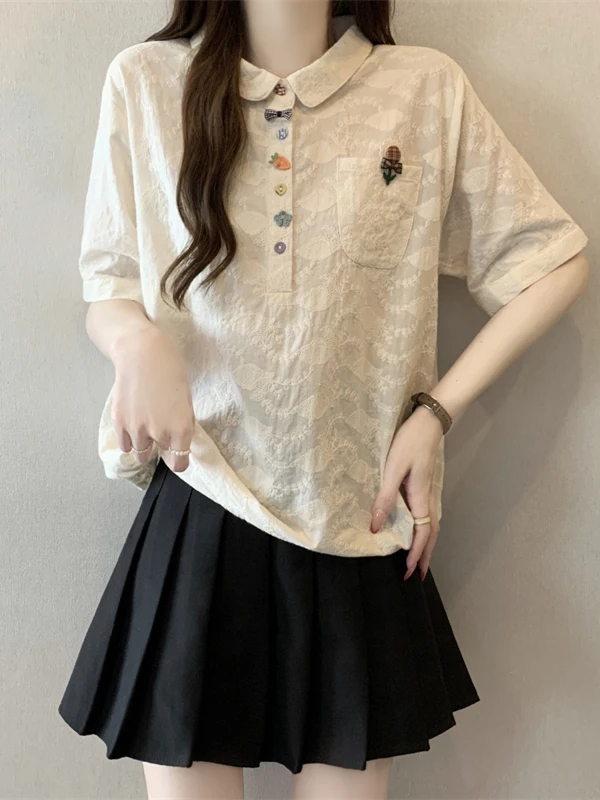 Cute Collar Short Sleeve Shirt Women's Fashionable Korean Style Loose Fit Commute Wind Summer New Arrival Big Size Top
Cute Collar Short Sleeve Shirt Women's Fashionable Korean Style Loose Fit Commute Wind Summer New Arrival Big Size Top