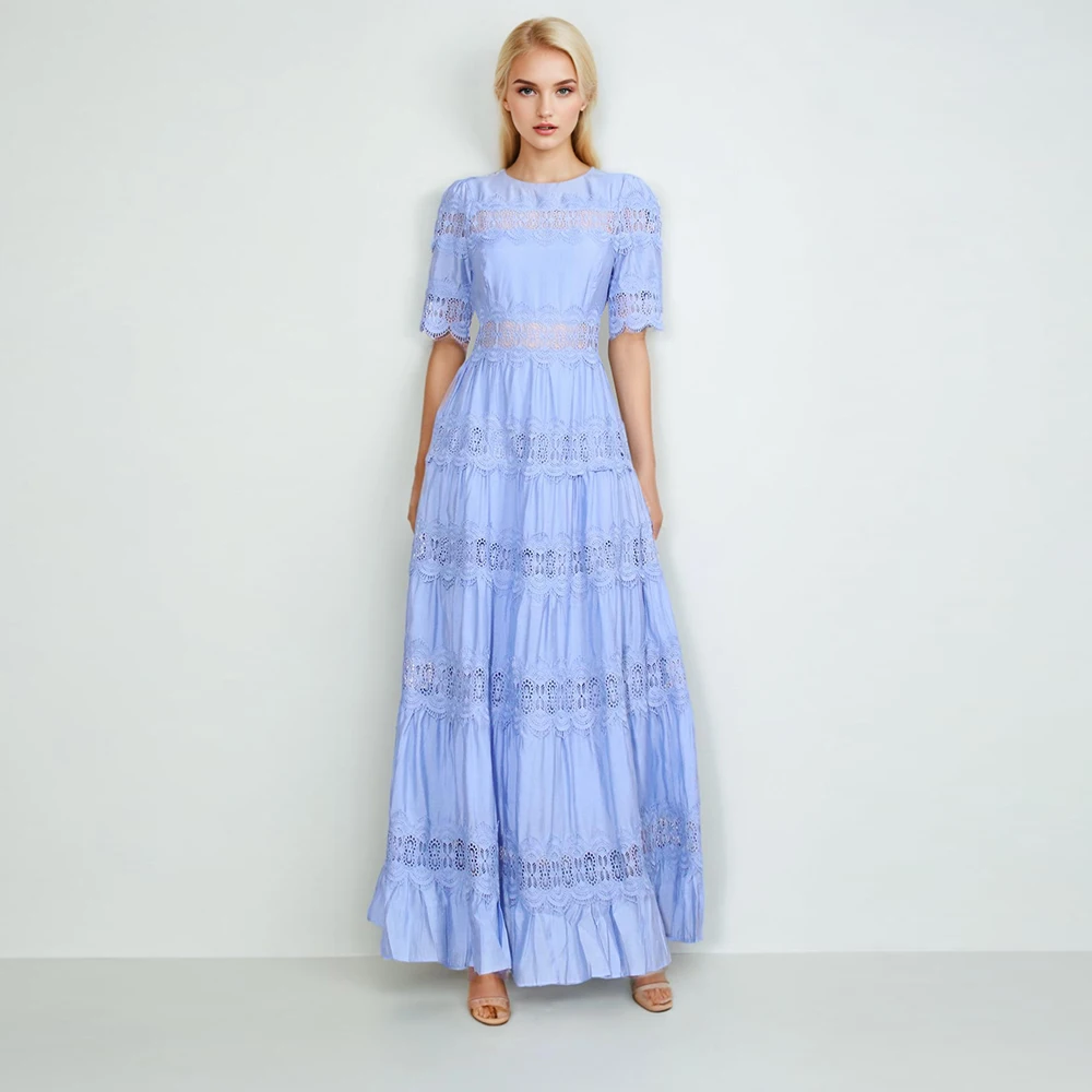 Patchwork Lace Elegant Dresses For Women Round Neck Short Sleeve High Waist Embroidery Dress Female Fashion Clothing
Patchwork Lace Elegant Dresses For Women Round Neck Short Sleeve High Waist Embroidery Dress Female Fashion Clothing