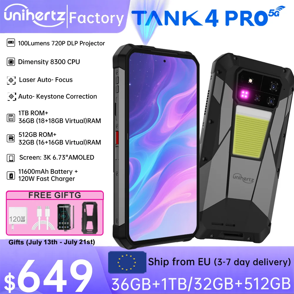 Unihertz 8849 Tank 4 Pro 5G Projector Smartphone 36GB 1TB Dimensity 8300 Android 14 Phone 11600mAh 720P Projector 100 Lumens
Unihertz 8849 Tank 4 Pro 5G Projector Smartphone 36GB 1TB Dimensity 8300 Android 14 Phone 11600mAh 720P Projector 100 Lumens