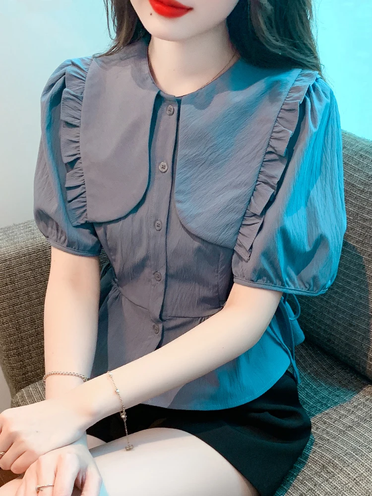 Design All Match Shirts Solid Color Crop Tops Peter Pan Collar Puff Sleeve Lace Up Blouses Summer Female Slim Women's Clothing
Design All Match Shirts Solid Color Crop Tops Peter Pan Collar Puff Sleeve Lace Up Blouses Summer Female Slim Women's Clothing