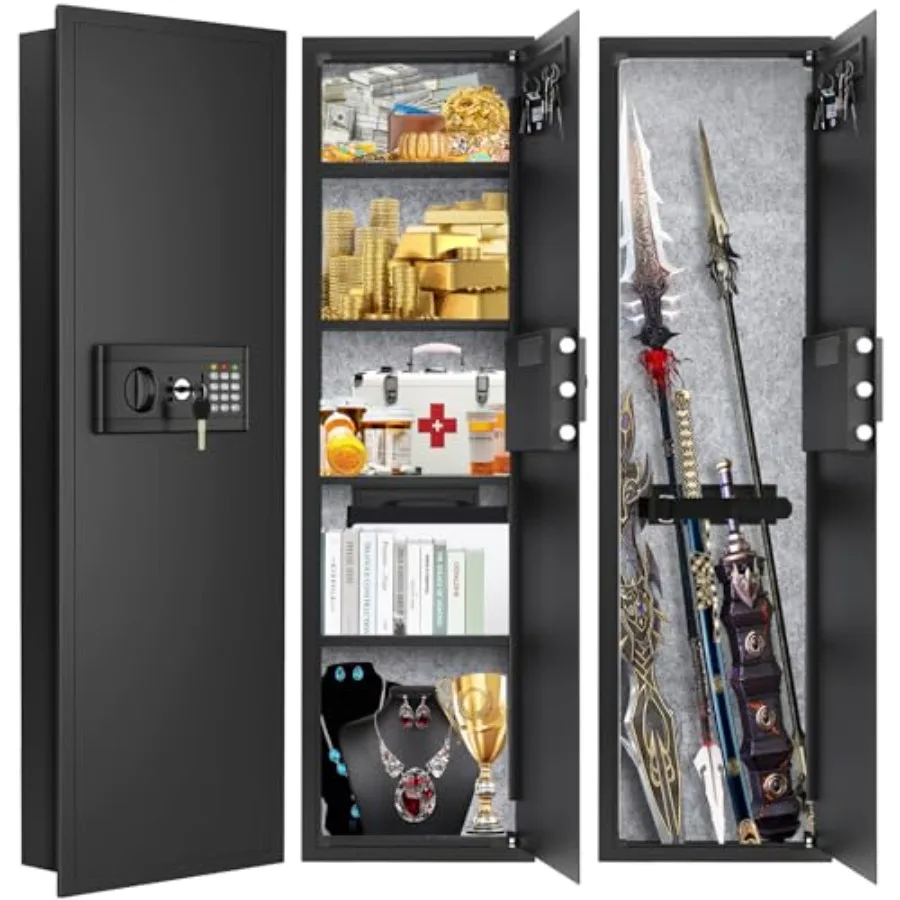 Fireproof wall safe for home use, steel construction, black finish, hidden flush mount between studs with 4 shelves and 6 key h
Fireproof wall safe for home use, steel construction, black finish, hidden flush mount between studs with 4 shelves and 6 key h