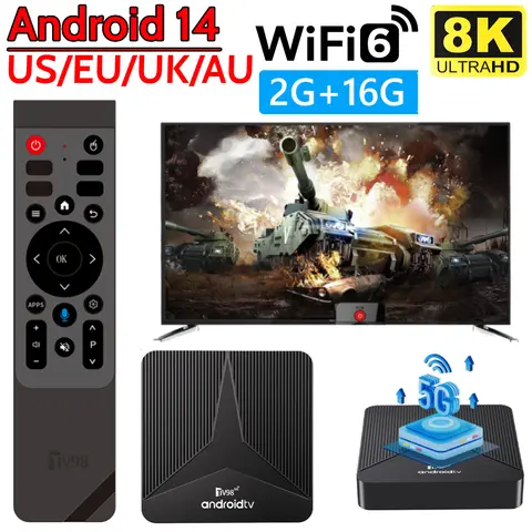Android 14 Smart TV Box Wifi6 2.4G/5G BT5.0 Media Player 8K Set Top Box with Remote RK3518 Quad Core 2G 16G Android Box