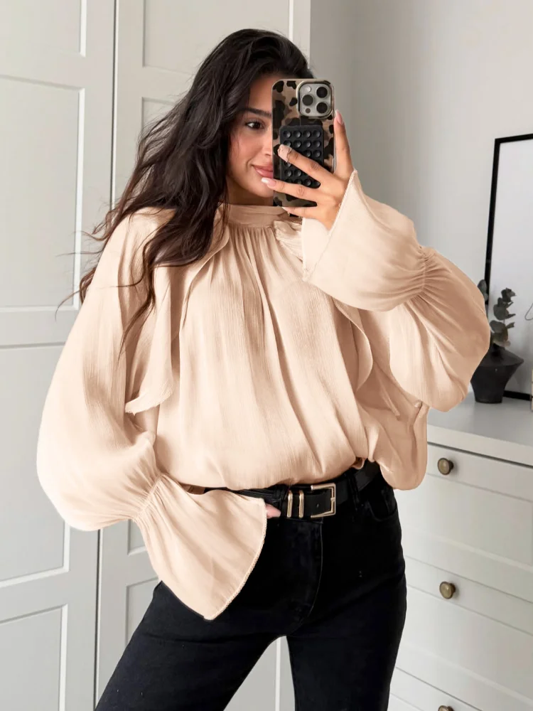 Women Elegant Solid Shiny Thread Loose Shirt Long Flared Sleeve Ruffled Turtleneck Pleated Blouses 2026 Lady New Spring Tops
Women Elegant Solid Shiny Thread Loose Shirt Long Flared Sleeve Ruffled Turtleneck Pleated Blouses 2026 Lady New Spring Tops