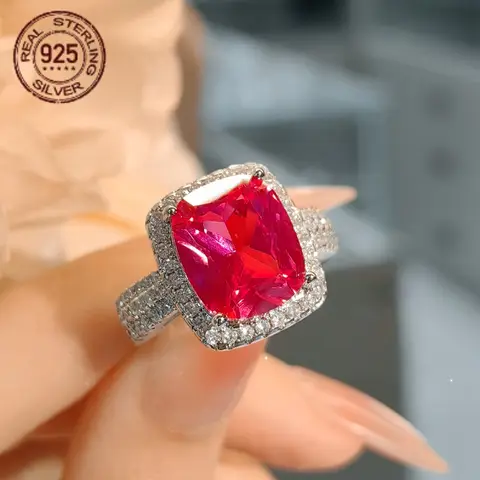 Anillo de circón de rubí con corte princesa de plata 925 de lujo para mujer, anillos exquisitos y elegantes de tamaño variable, anillos de boda, novedad de 2026