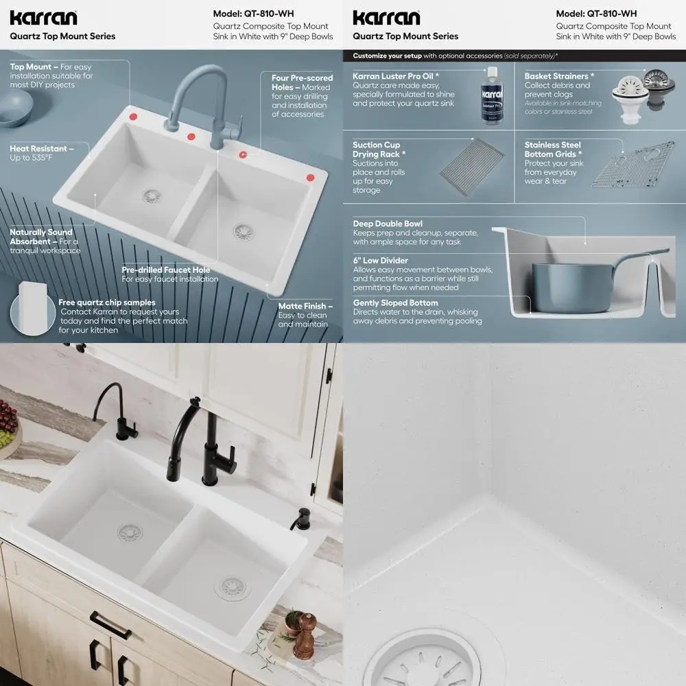 33 Inch White Quartz Composite Double Bowl Kitchen Sink, Top Mount Drop-In 50/50 Low Divider, Heat & Impact Resistant Granite Qu
33 Inch White Quartz Composite Double Bowl Kitchen Sink, Top Mount Drop-In 50/50 Low Divider, Heat & Impact Resistant Granite Qu