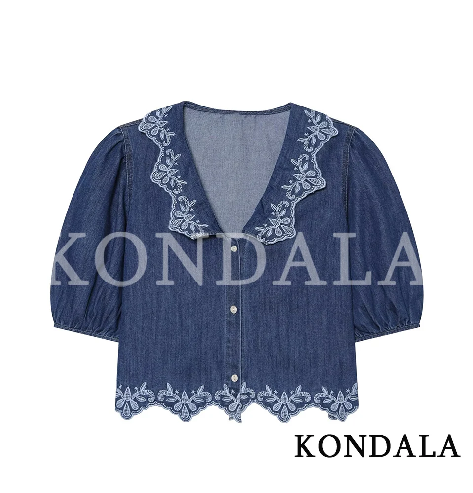 Women Elegant Chic Embroidered Denim Shirt KONDALA 2026 Spring Trendy Slim Buttons Shirt Casual Commute Short Puff Sleeves Shirt
Women Elegant Chic Embroidered Denim Shirt KONDALA 2026 Spring Trendy Slim Buttons Shirt Casual Commute Short Puff Sleeves Shirt