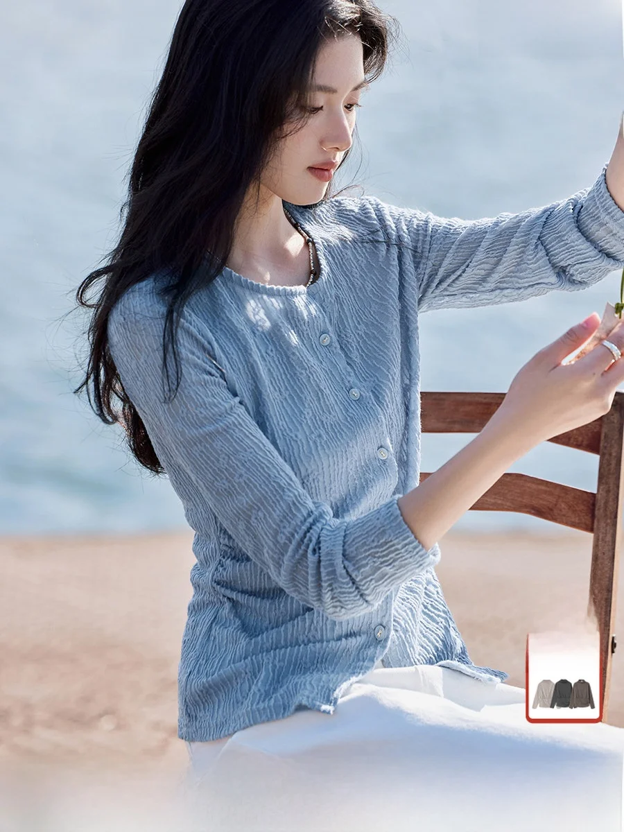Blue round Ne Embroidered Texture irt Women's Gentle Sle Slimming Top XWI Spring 2026 Polyester Fiber Long Sve
Blue round Ne Embroidered Texture irt Women's Gentle Sle Slimming Top XWI Spring 2026 Polyester Fiber Long Sve