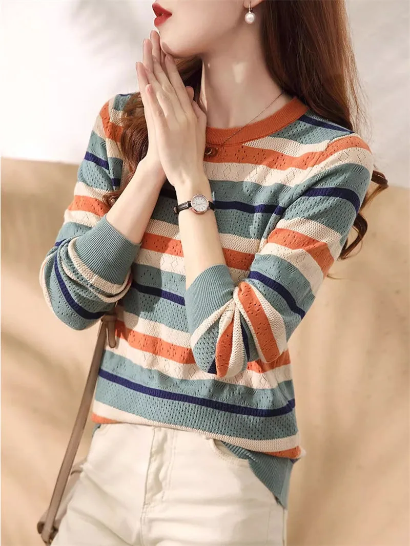 Women Clothing Stylish Hollow Out Pullover Casual Color Striped Spring Summer Autumn Long Sleeve Round Neck Knit T-shirt
Women Clothing Stylish Hollow Out Pullover Casual Color Striped Spring Summer Autumn Long Sleeve Round Neck Knit T-shirt