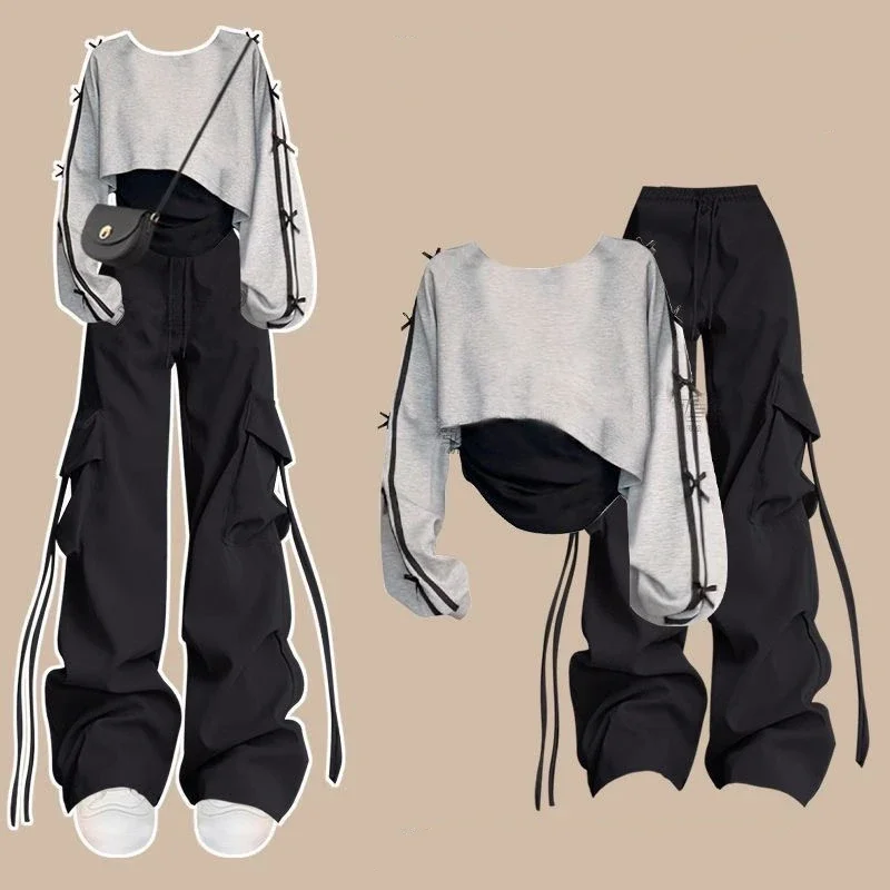 Spring Fall Women Casual Bowknot Sweatshirts Sling Black Pants Three Piece Set Lady Preppy Style Gray Tops Trousers Outfits 2025
Spring Fall Women Casual Bowknot Sweatshirts Sling Black Pants Three Piece Set Lady Preppy Style Gray Tops Trousers Outfits 2025