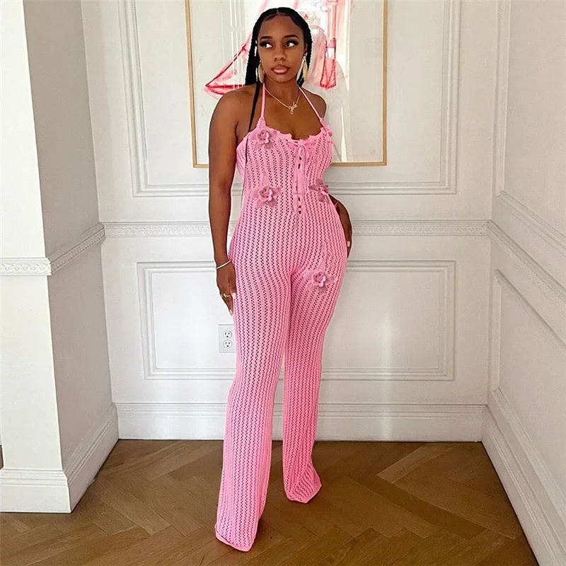 Leosoxs Knitted Halter Lace-Up Backless Jumpsuit Women Flower Applique Sleeveless Skinny Rompers 2025 Summer Vacation Beachwear
Leosoxs Knitted Halter Lace-Up Backless Jumpsuit Women Flower Applique Sleeveless Skinny Rompers 2025 Summer Vacation Beachwear