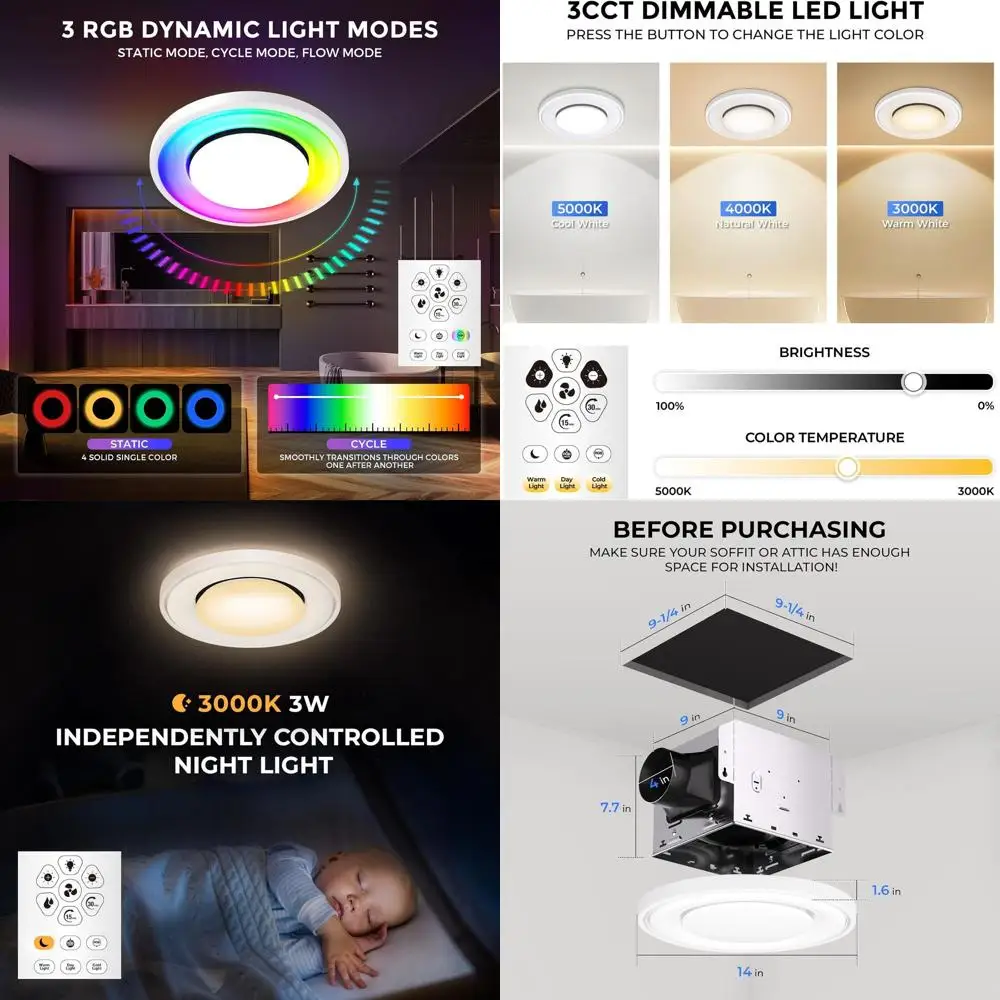 Ultra Quiet 110 CM 1.5 Sone Ceiling-Mounted Round RGB LED Bathroom Exhaust Fan with 3CCT Light and Nightlight, Remote Control, W
Ultra Quiet 110 CM 1.5 Sone Ceiling-Mounted Round RGB LED Bathroom Exhaust Fan with 3CCT Light and Nightlight, Remote Control, W