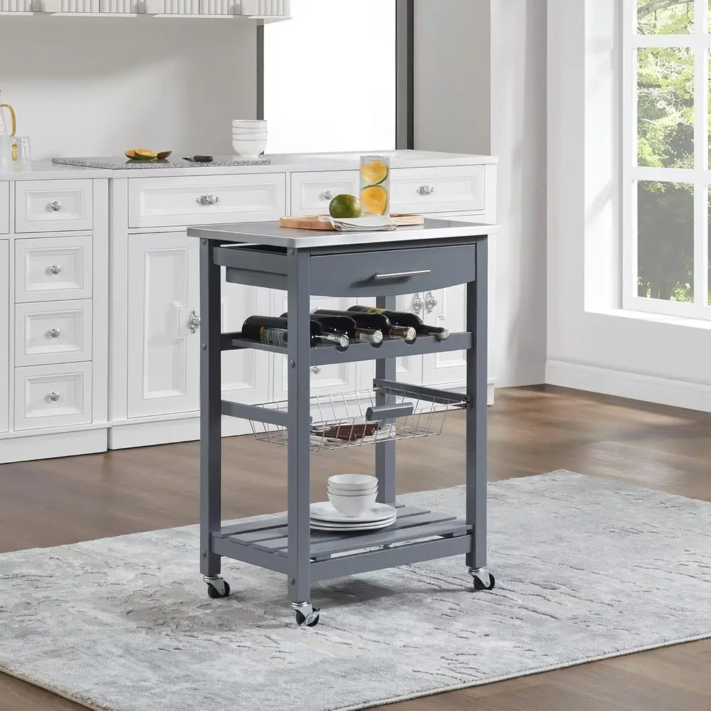Gray Wooden Small Mobile Kitchen Island Trolley with Undershelf and Slide-Out Wire Basket Storage
Gray Wooden Small Mobile Kitchen Island Trolley with Undershelf and Slide-Out Wire Basket Storage