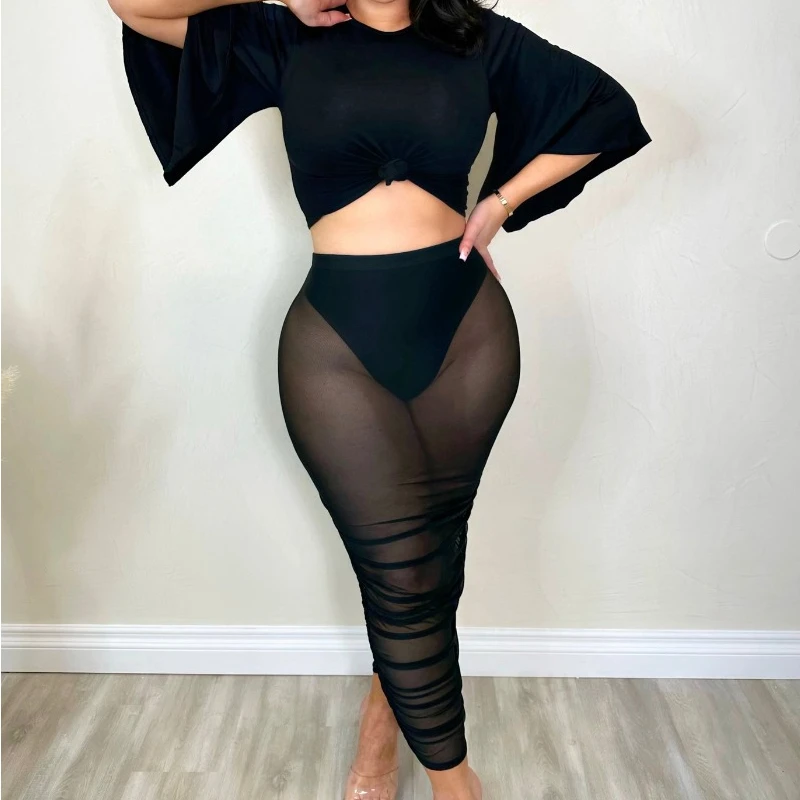 Summer Solid Color Perspective Mesh Sexy Dress Sets Women's Round Neck Short Sleeved T-shirt Sheer Skirt Two Piece Set
Summer Solid Color Perspective Mesh Sexy Dress Sets Women's Round Neck Short Sleeved T-shirt Sheer Skirt Two Piece Set