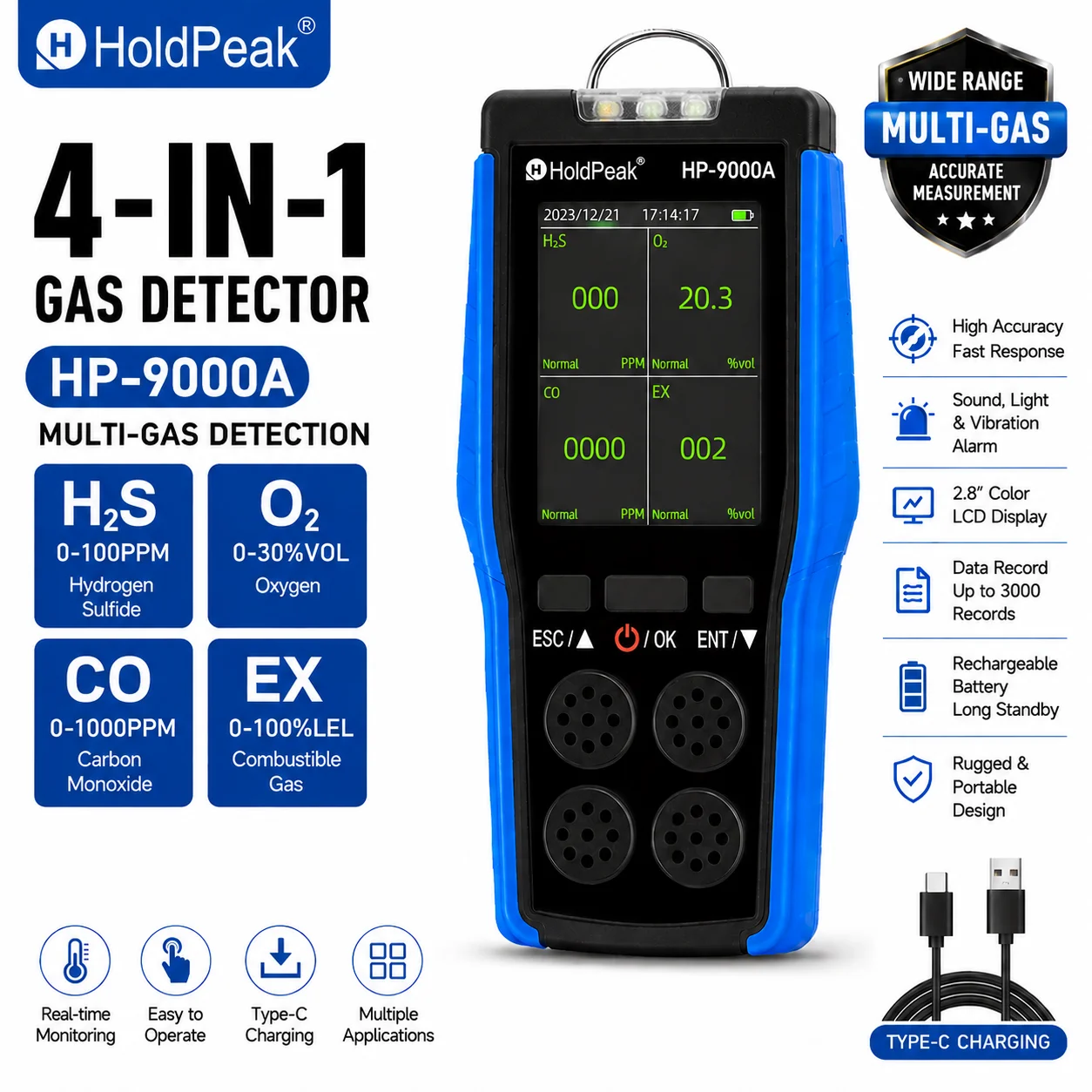Professional 4-in-1 Gas Detector O2 H2S CO LEL, 2.8" Color Screen Multi Gas Monitor with 3000 Alarm Records for Confined Space
Professional 4-in-1 Gas Detector O2 H2S CO LEL, 2.8" Color Screen Multi Gas Monitor with 3000 Alarm Records for Confined Space
