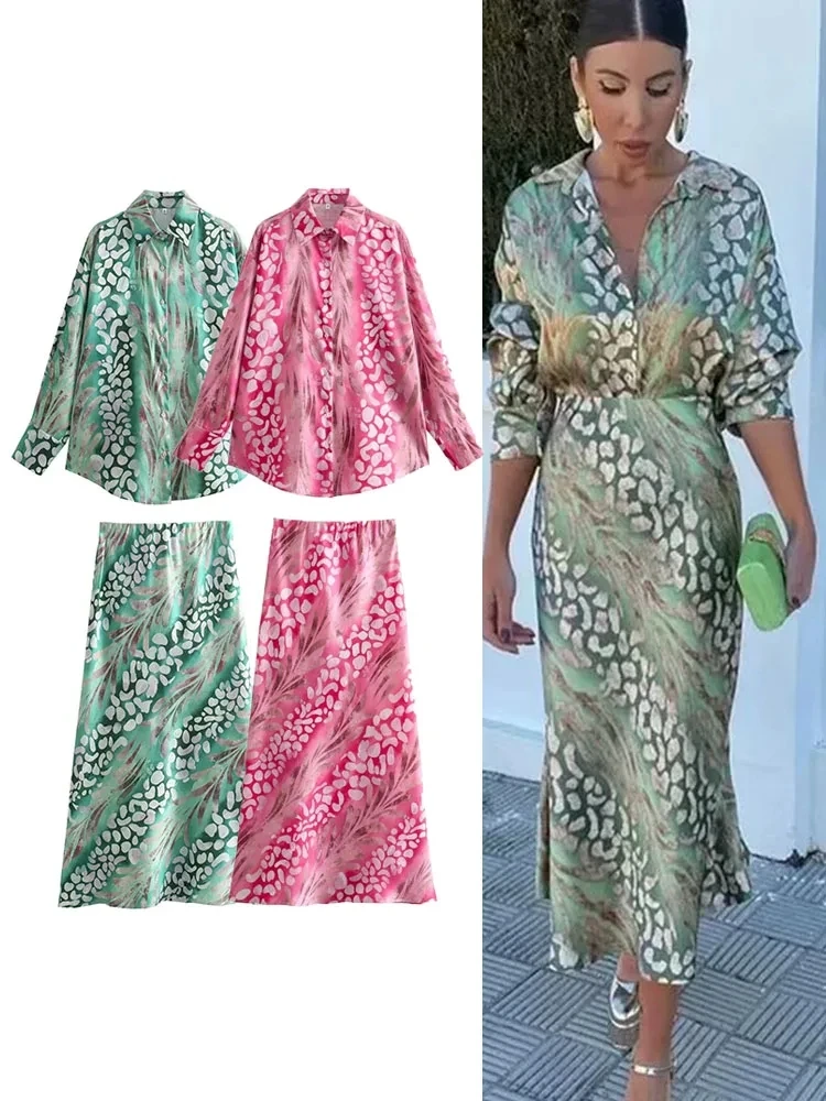 Fashion Silk Women Print Skirt Sets Vintage Satin Long Sleeve Button Blouse Top & Elegant High Waist Long Skirt Womens Outifit
Fashion Silk Women Print Skirt Sets Vintage Satin Long Sleeve Button Blouse Top & Elegant High Waist Long Skirt Womens Outifit