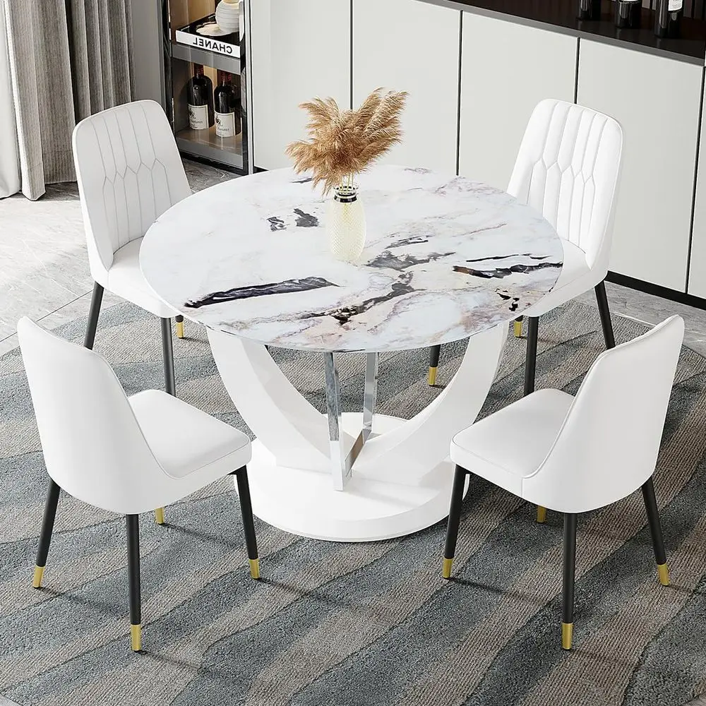 White Round Dining Table Set for 4, 47 Faux Marble Kitchen Table and Chairs Set with 4 PU holstered White Chairs, Modern Dini
White Round Dining Table Set for 4, 47 Faux Marble Kitchen Table and Chairs Set with 4 PU holstered White Chairs, Modern Dini