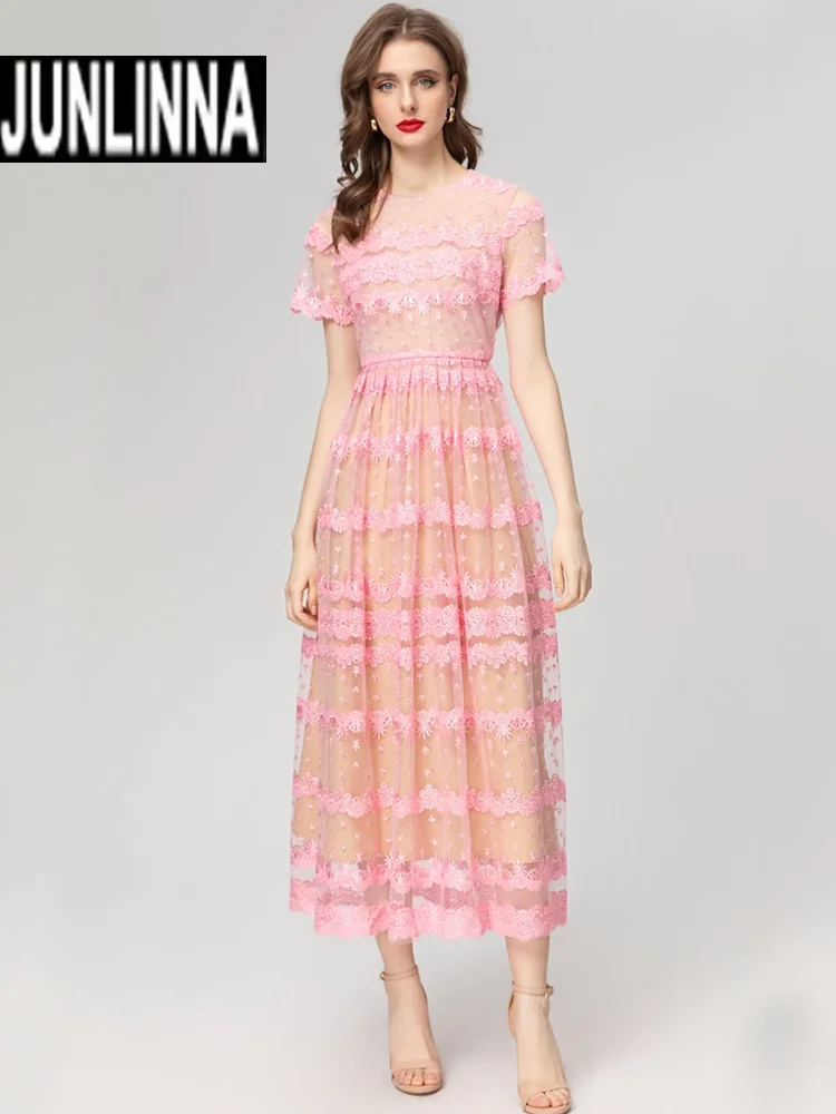 JUNLINNA Fashionable Women Runway Dress O-neck Short Sleeve Chemical Lace Mesh Patchwork Embroidery Party Vestidos Pleated
JUNLINNA Fashionable Women Runway Dress O-neck Short Sleeve Chemical Lace Mesh Patchwork Embroidery Party Vestidos Pleated