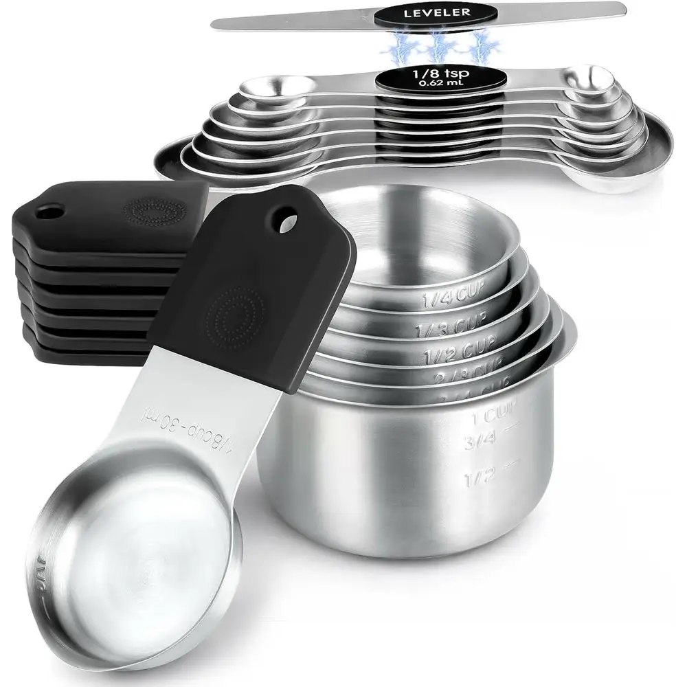 Magnetic Measuring Cups & Spoons Set, Strong N52 Mag, Heavy Duty 304 Stainless Steel, Round Set of 15 with Leveler, Black, for S
Magnetic Measuring Cups & Spoons Set, Strong N52 Mag, Heavy Duty 304 Stainless Steel, Round Set of 15 with Leveler, Black, for S