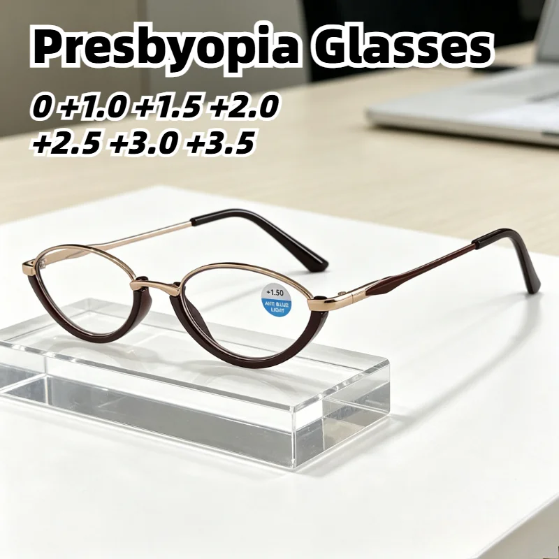 Half-Rim Gold Metal Frame with Retro Cat-Eye Presbyopia Glasses Diopters Anti Blue Light Eyeglasses for Women Men +1.0 To +3.5
Half-Rim Gold Metal Frame with Retro Cat-Eye Presbyopia Glasses Diopters Anti Blue Light Eyeglasses for Women Men +1.0 To +3.5