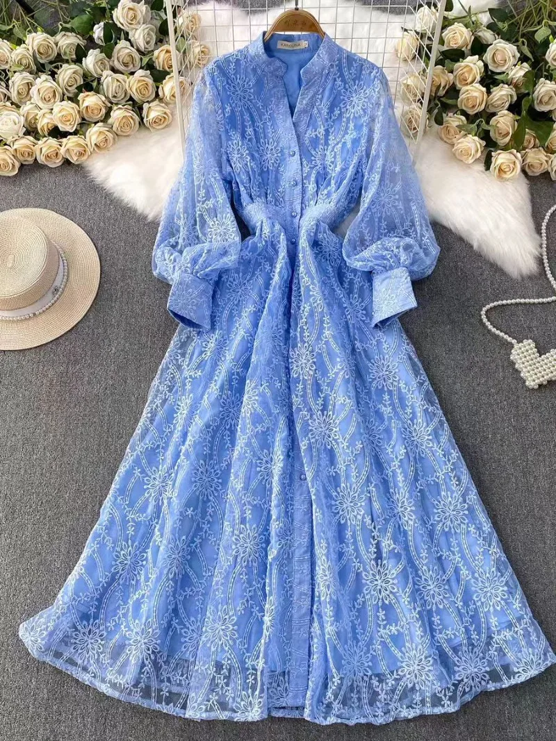 Spring Autumn French Women's Lace Maxi Dress Lace Embroidery V-neck Vestido Lantern Sleeves Single Breasted Party Birthday Dress
Spring Autumn French Women's Lace Maxi Dress Lace Embroidery V-neck Vestido Lantern Sleeves Single Breasted Party Birthday Dress