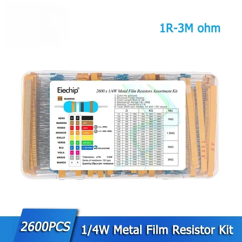 2600pcs 1/4W 1% Metal Film Resistors Assorted Pack Kit 130 Values 1ohm~3M Ohm Fixed Resistor for DIY Electronics 0.25W
2600pcs 1/4W 1% Metal Film Resistors Assorted Pack Kit 130 Values 1ohm~3M Ohm Fixed Resistor for DIY Electronics 0.25W