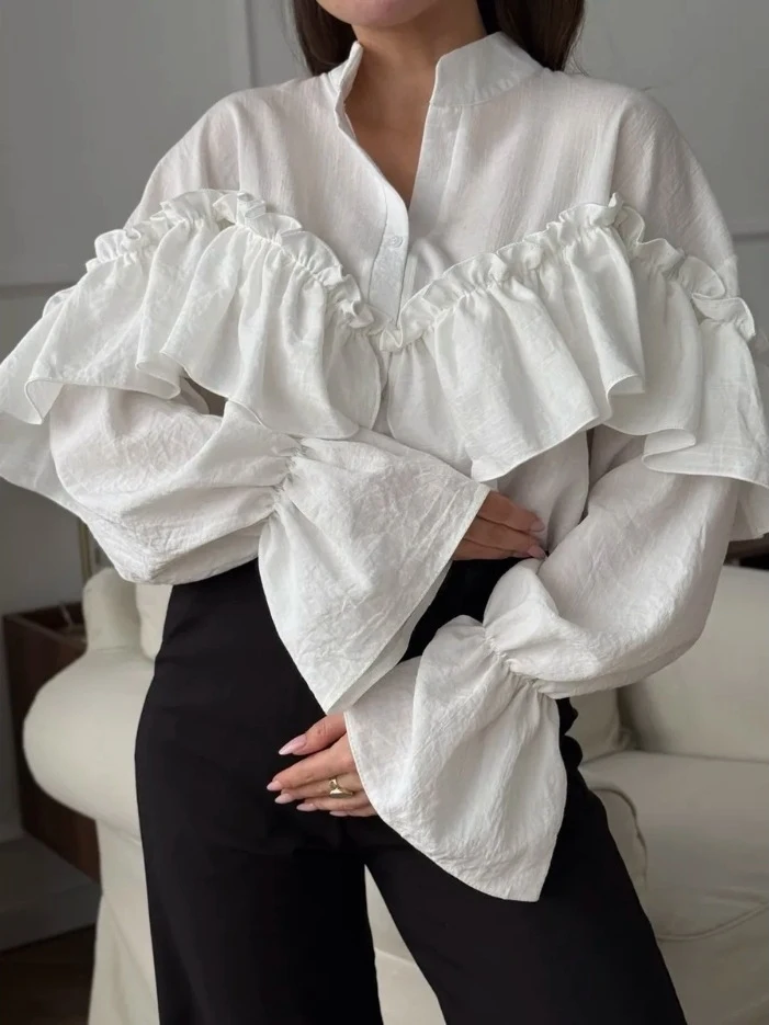 Ruffle Sleeve Shirt Patchwork Long Sleeve Top Women's Autumn Coat Basic Style Loose Fit Polyester Fabric round Neck Pure Color
Ruffle Sleeve Shirt Patchwork Long Sleeve Top Women's Autumn Coat Basic Style Loose Fit Polyester Fabric round Neck Pure Color