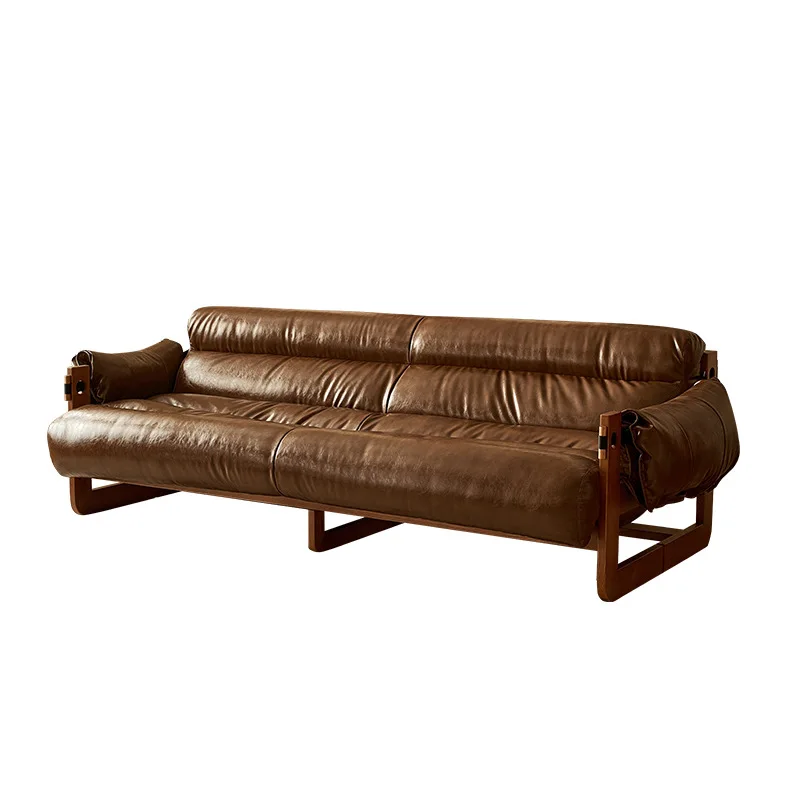 French retro leather sofa living room first layer cowhide double three solid wood sofa small apartment
French retro leather sofa living room first layer cowhide double three solid wood sofa small apartment