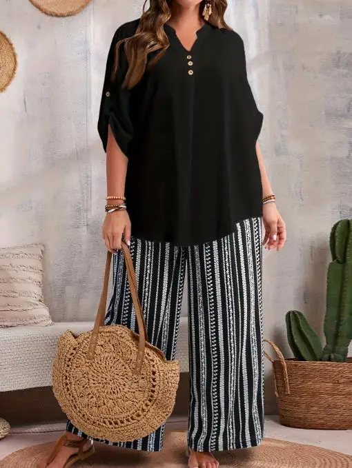 Summer 2025 Loose Comfortable and Casual Two-Piece Set Oversized Women's Two-Piece Set with V-Neck Top and Printed Pants Set
Summer 2025 Loose Comfortable and Casual Two-Piece Set Oversized Women's Two-Piece Set with V-Neck Top and Printed Pants Set