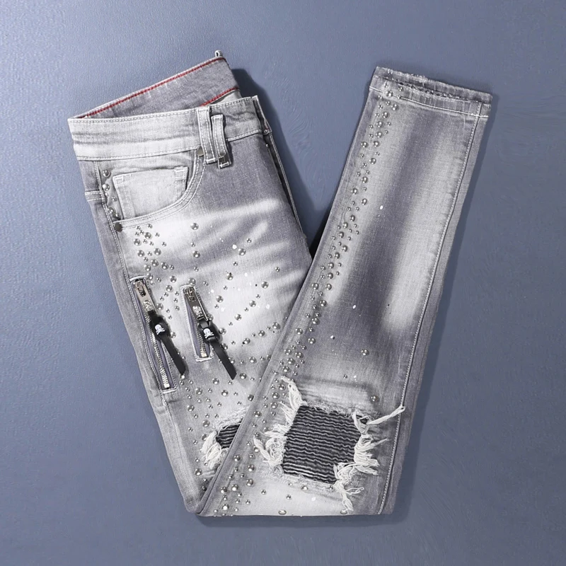 Street Designer Fashion Men Jeans High Quality Retro Gray Stretch Slim Fit Patched Ripped Jeans Men Brand Hip Hop Denim Pants
Street Designer Fashion Men Jeans High Quality Retro Gray Stretch Slim Fit Patched Ripped Jeans Men Brand Hip Hop Denim Pants