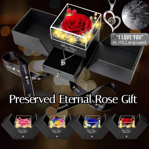 Preserved Real Rose with I love you Necklace 100 Languages Eternal Flowers Rose Gifts for Her Wife Christmas Valentine's Day