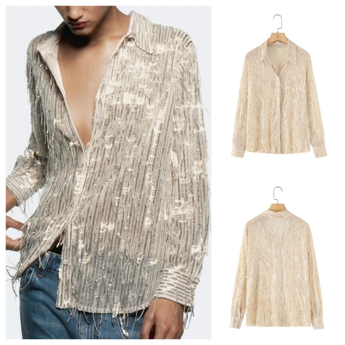 French new style lapel sequined tassel single-breasted niche design long-sleeved casual shirt
French new style lapel sequined tassel single-breasted niche design long-sleeved casual shirt