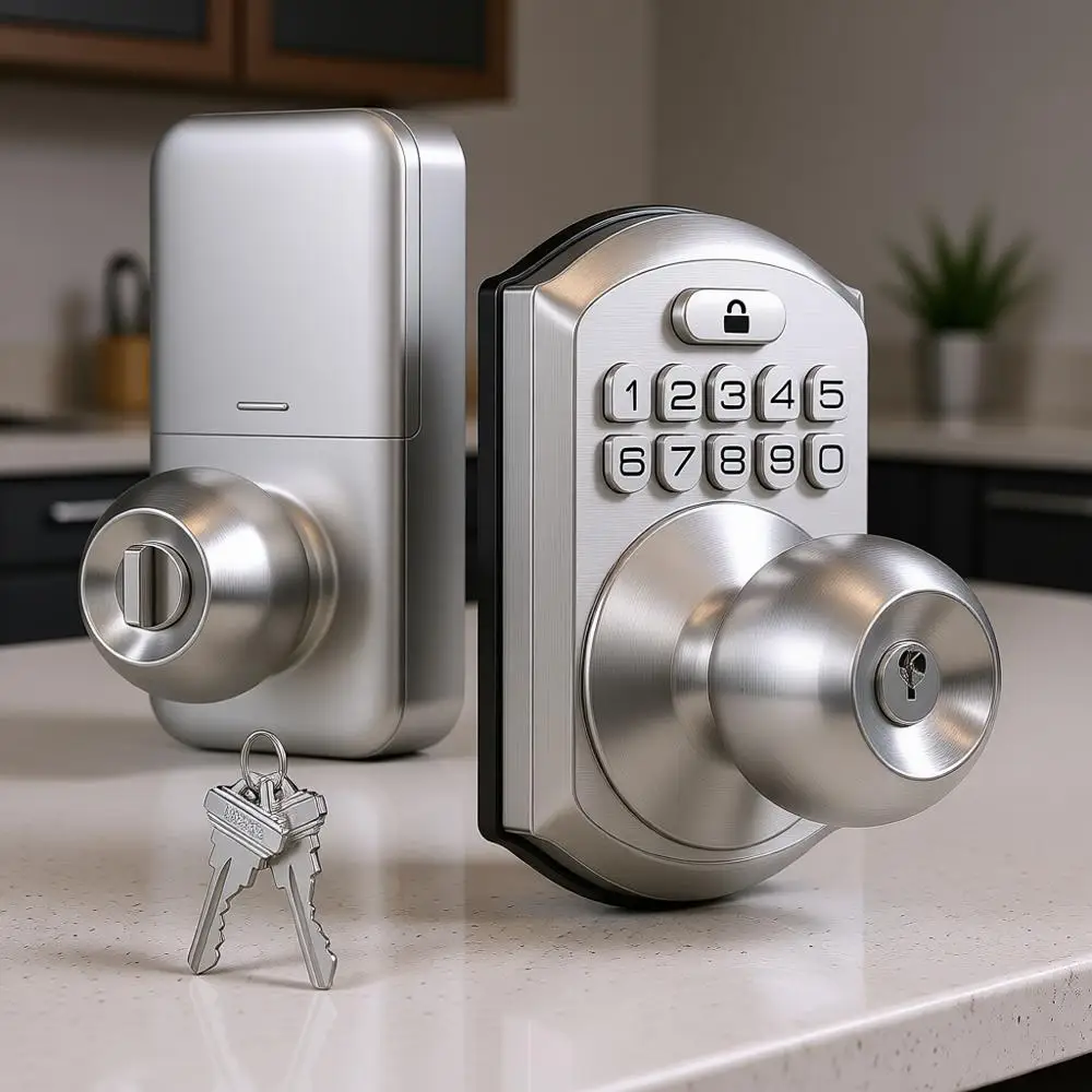 Keyless Entry Keypad Door Lock with Handle, Digital Front Door, Smart Door Knob with Code or Bedroom with Interior Locks, Auto L
Keyless Entry Keypad Door Lock with Handle, Digital Front Door, Smart Door Knob with Code or Bedroom with Interior Locks, Auto L