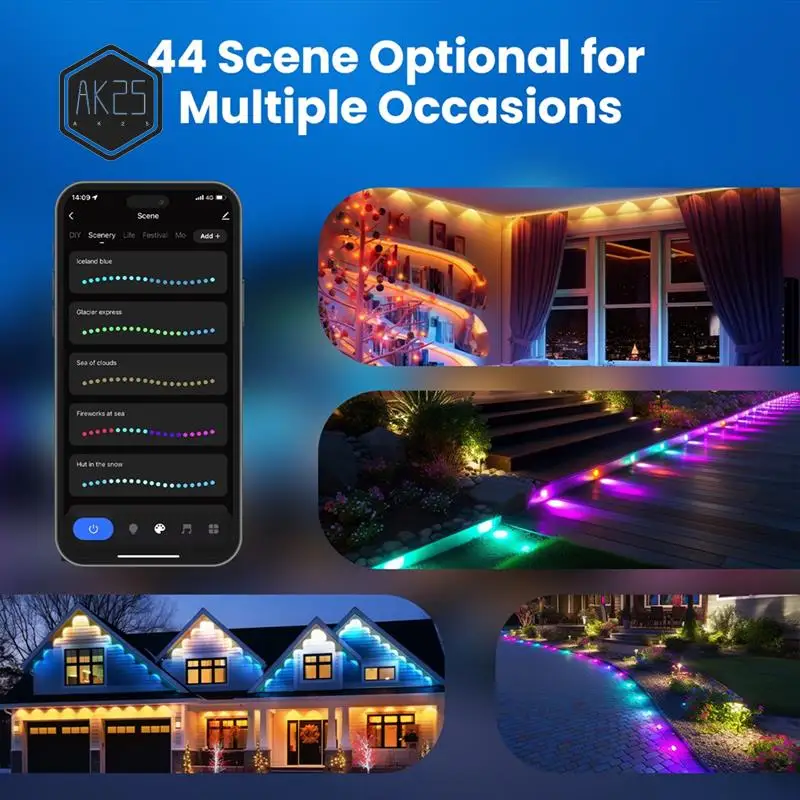 AK25-Tuya Wi-Fi Smart Eaves String светодиодный светильник для улицы IP67 водонепроницаемый RGB цветной RF пульт дистанционного управления для Alexa Google Home
AK25-Tuya Wi-Fi Smart Eaves String светодиодный светильник для улицы IP67 водонепроницаемый RGB цветной RF пульт дистанционного управления для Alexa Google Home