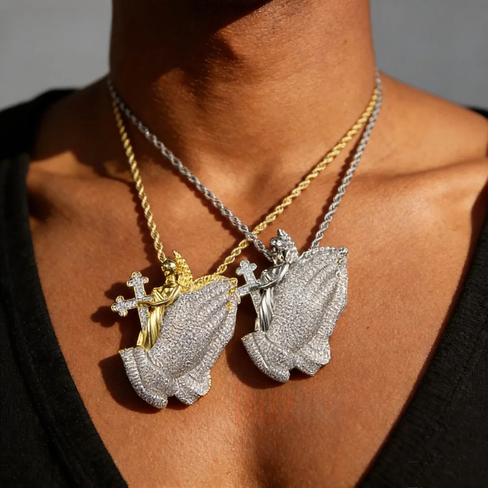 New Hands-in-Prayer Cross Pendant Necklace with Zircon Gems - Hip Hop & Punk Style - Perfect for Anniversary Parties
New Hands-in-Prayer Cross Pendant Necklace with Zircon Gems - Hip Hop & Punk Style - Perfect for Anniversary Parties