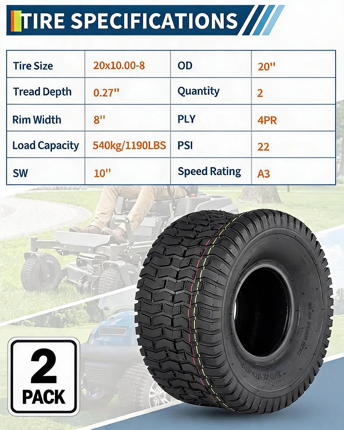2 Pack 20x10.00-8 Lawn Mower Tires 4PR Tubeless Heavy Duty Turf Tread 20x10-8 NHS Tire For Riding Tractor Golf Cart Utility
2 Pack 20x10.00-8 Lawn Mower Tires 4PR Tubeless Heavy Duty Turf Tread 20x10-8 NHS Tire For Riding Tractor Golf Cart Utility