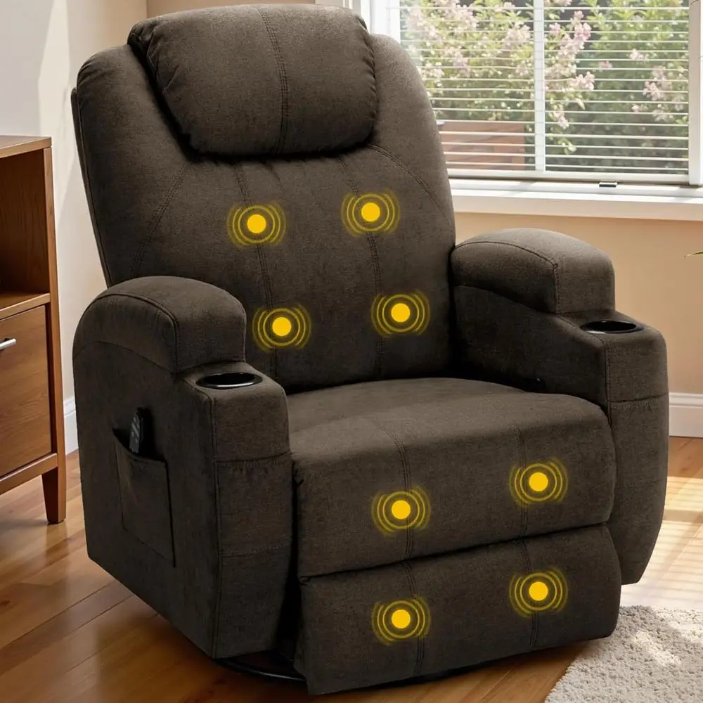 Brown Fabric Swivel Rocking Recliner Chair with Massage and Cup Holders for Living Room, Bedroom, or Nursery
Brown Fabric Swivel Rocking Recliner Chair with Massage and Cup Holders for Living Room, Bedroom, or Nursery