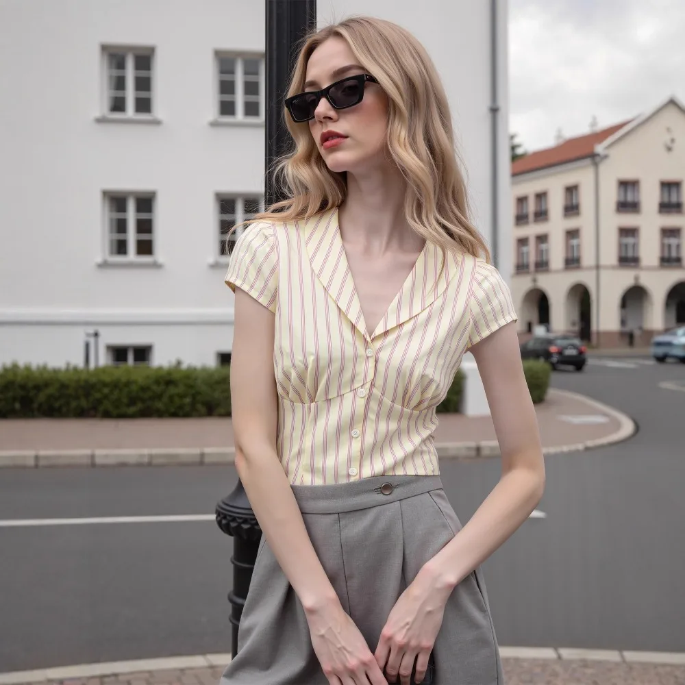 Light Luxury Pleated Slim Fit V-neck Striped Shirt Spring and Summer Women Sweet Button Splicing Design Travel Office Casual Top
Light Luxury Pleated Slim Fit V-neck Striped Shirt Spring and Summer Women Sweet Button Splicing Design Travel Office Casual Top