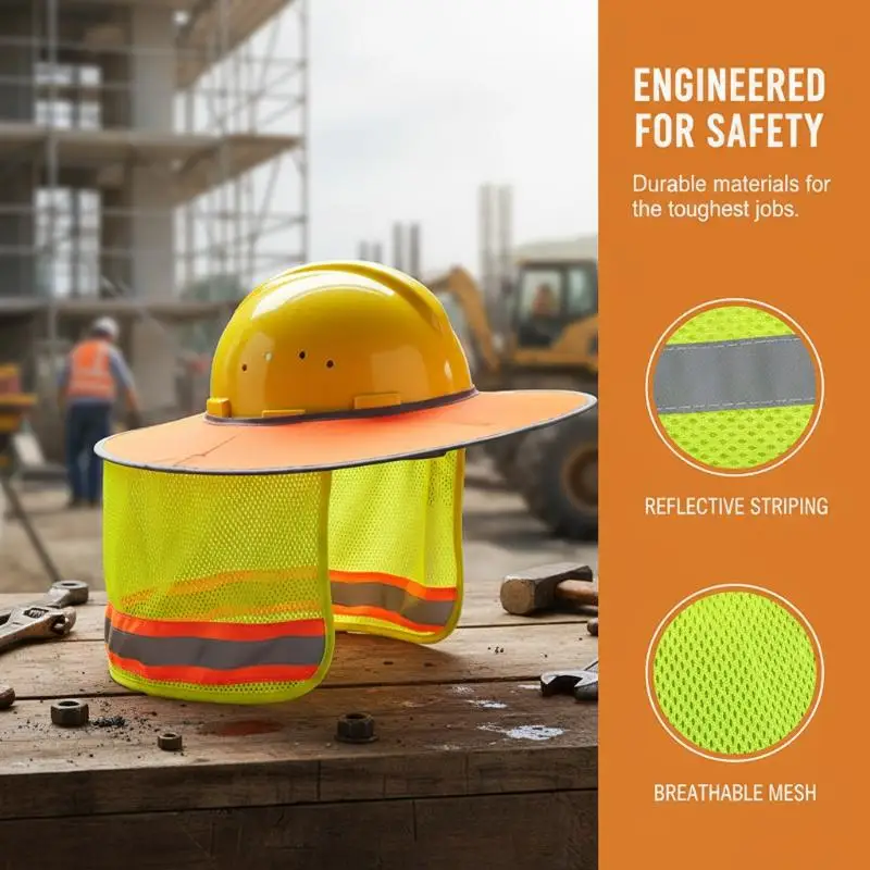 Summer Hard Hat Neck Sun Shade, reflective brim cover, breathable safety accessory for construction workers.
Summer Hard Hat Neck Sun Shade, reflective brim cover, breathable safety accessory for construction workers.