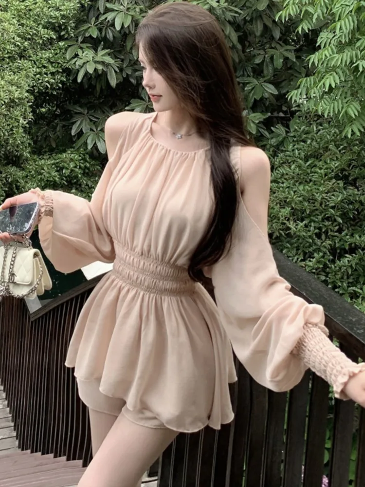 Womens Solid Chiffon Shorts Sets Elegant Off Shoulder Puff Sleeve Top + High Waist Shorts Two Pieces Set Female Clothing
Womens Solid Chiffon Shorts Sets Elegant Off Shoulder Puff Sleeve Top + High Waist Shorts Two Pieces Set Female Clothing