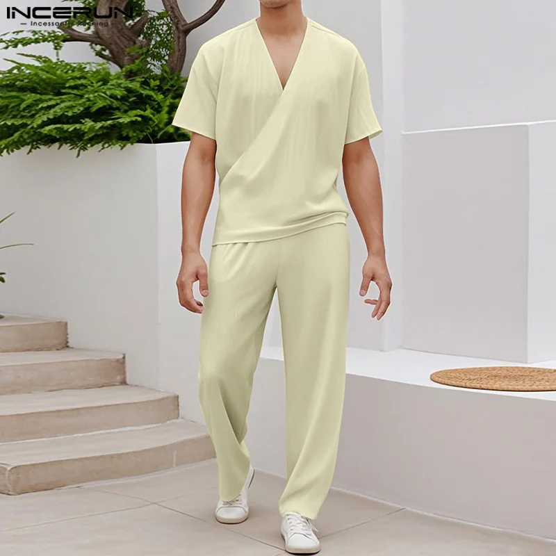 INCERUN Men Sets Solid Color V Neck Short Sleeve T Shirt & Pants Two Pieces Sets Summer Streetwear 2025 Loose Fashion Men Suits
INCERUN Men Sets Solid Color V Neck Short Sleeve T Shirt & Pants Two Pieces Sets Summer Streetwear 2025 Loose Fashion Men Suits