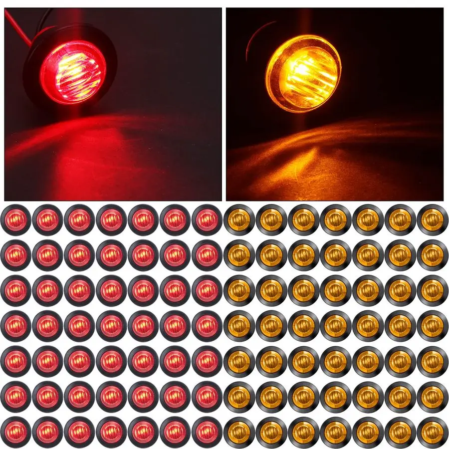 Pieces 3 4 Inch Round LED Side Marker Lights, 3 LEDs Front Rear Side Indicator Lights Yellow and Red Turn Signal Lights IP68 Wat