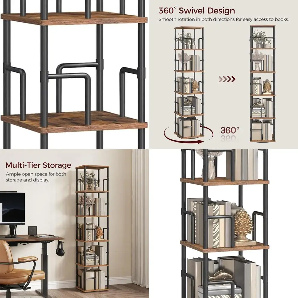 5-Tier Rotating Bookshelf, Freestanding Corner Bookshelf, 360° Spinning Bookcase, Industrial Style Storage Rack with Rails, for
5-Tier Rotating Bookshelf, Freestanding Corner Bookshelf, 360° Spinning Bookcase, Industrial Style Storage Rack with Rails, for