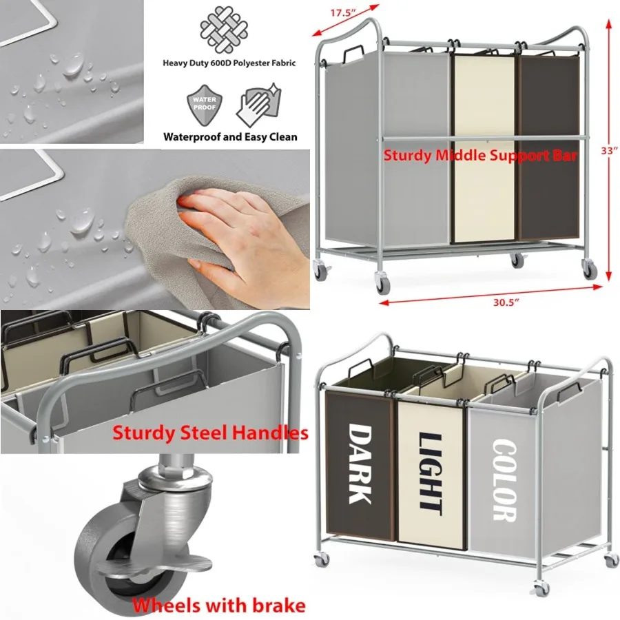 Heavy Duty 3-Bag Laundry Sorter Rolling Cart, Durable Triple Laundry Hamper with Removable Bags and Lockable Wheels for Laundry
Heavy Duty 3-Bag Laundry Sorter Rolling Cart, Durable Triple Laundry Hamper with Removable Bags and Lockable Wheels for Laundry