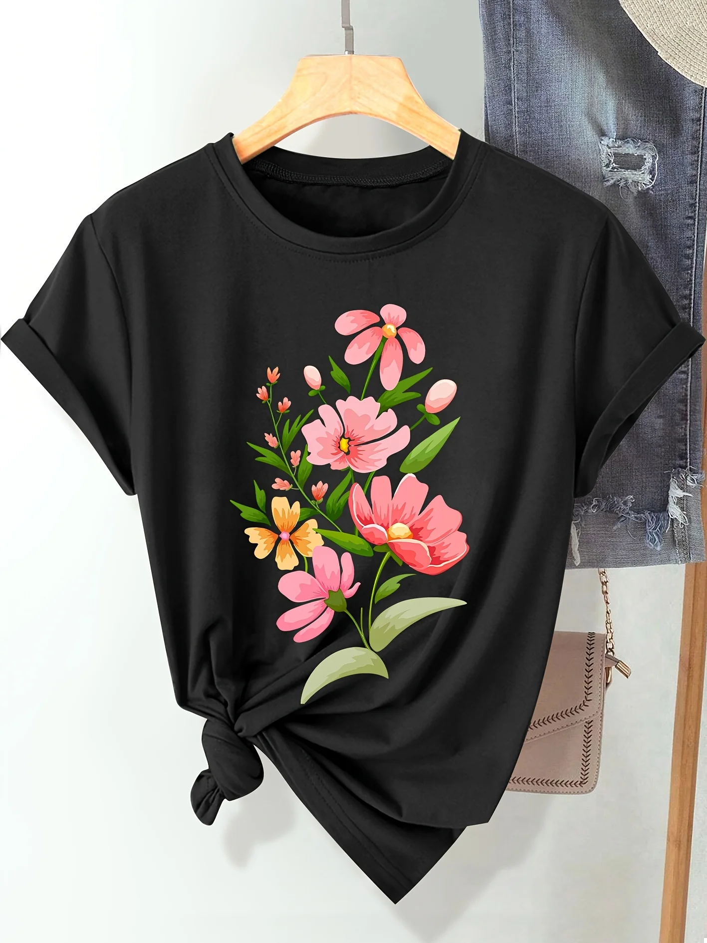 Women's Floral Print T-Shirt Vivid Pink and Yellow Flowers Casual Crew Neck Short Sleeve T-Shirt Spring Summer Season Graphic
Women's Floral Print T-Shirt Vivid Pink and Yellow Flowers Casual Crew Neck Short Sleeve T-Shirt Spring Summer Season Graphic